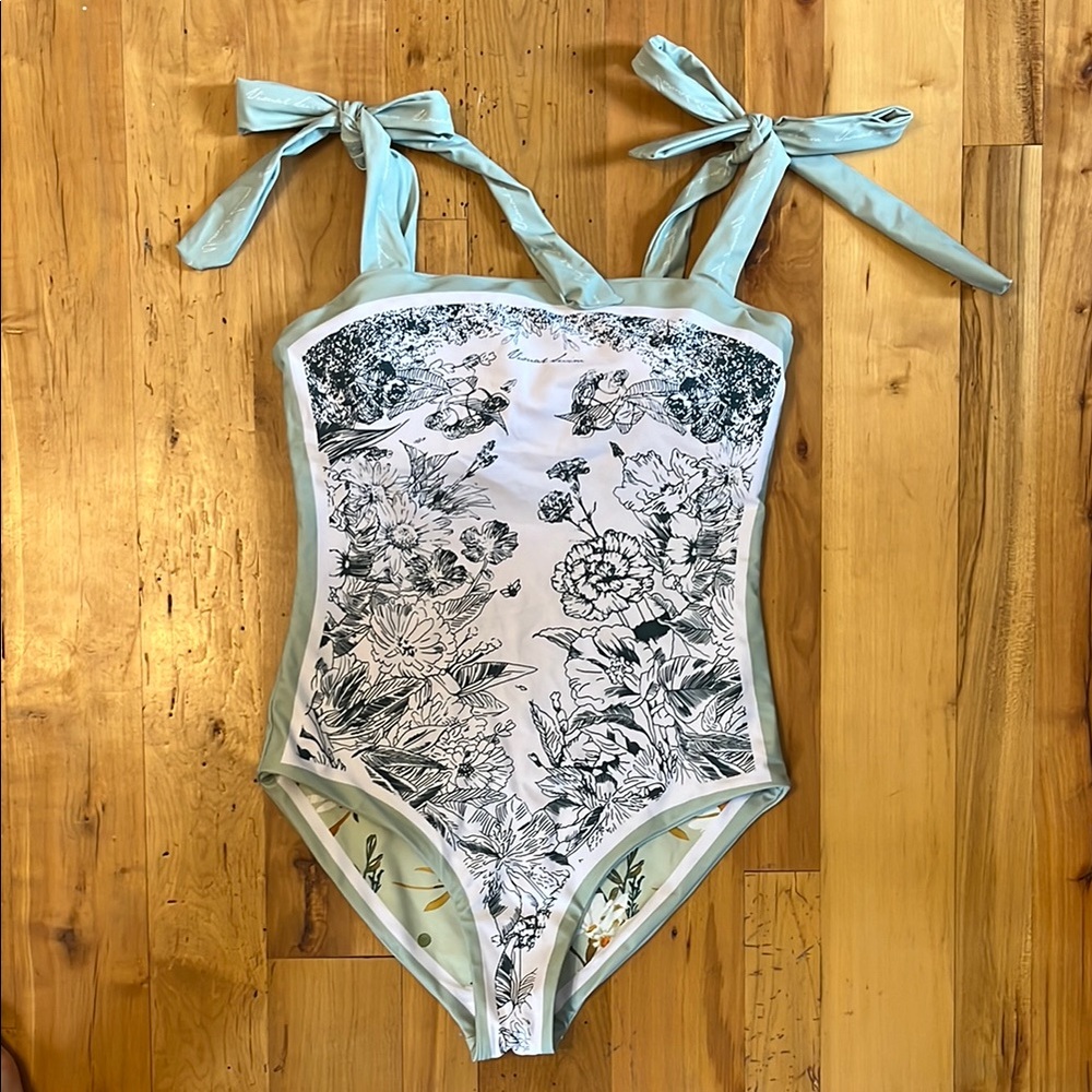 Sage Green Floral Print One-Piece reversible Swimsuit with Bow Straps